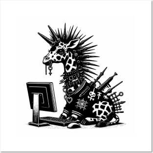 Punk Rock Oddcore Goth Giraffe on Computer Vintage Style Posters and Art